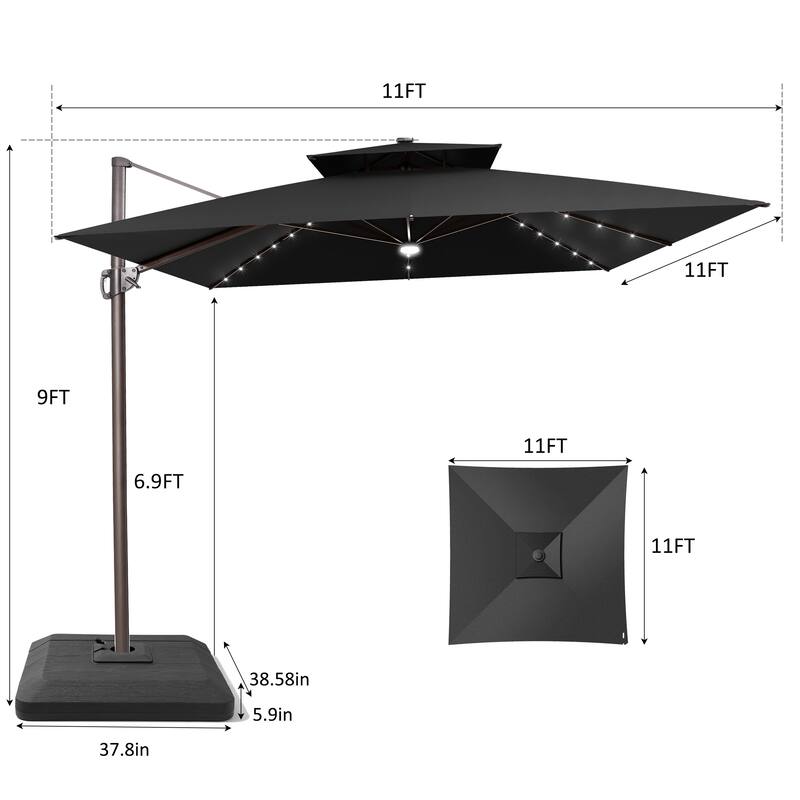 11 FT Square Outdoor Patio Cantilever Umbrella Solar LED Lighted with Weight Base