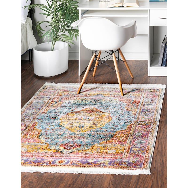 Traditional Samana Collection Area Rug - 5' Square - Light Blue