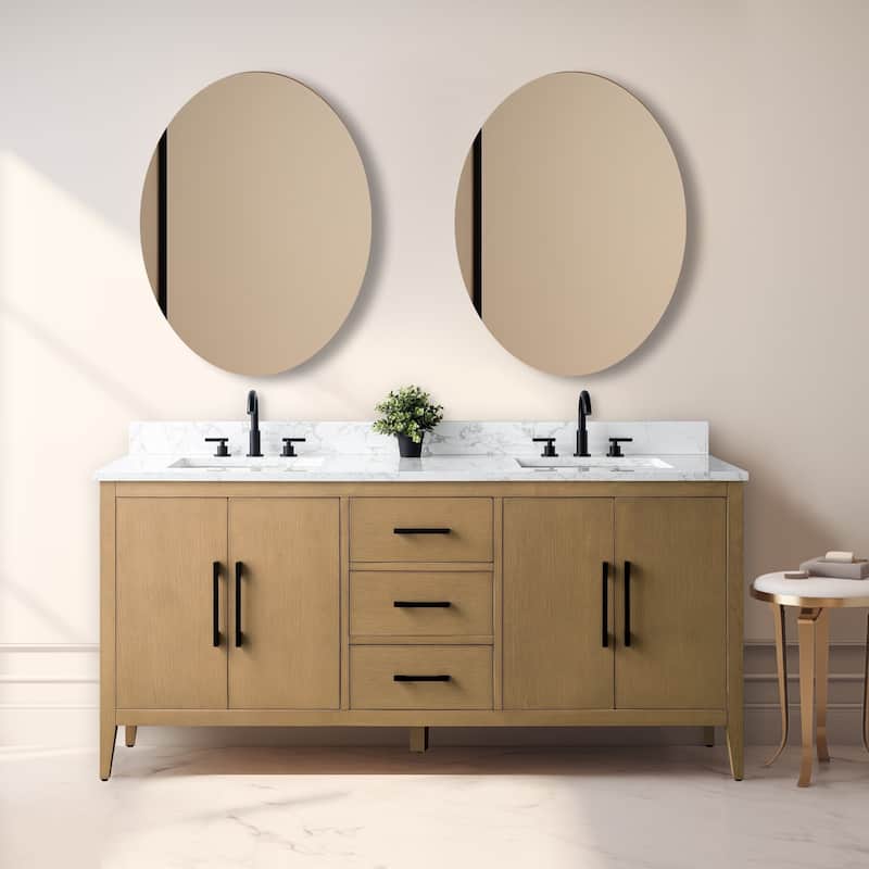 Vanity Art 72" Double Sink Bathroom Vanity Cabinet with Engineered Marble Top - 72"/Matte Black Handle - Natural Oak