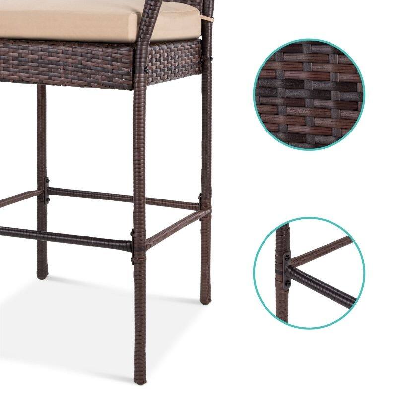 Set of 2 Indoor/Outdoor Wicker Bar Stools w/ 2 Cushions - 20 inches L x 18.75 inches W x 46 inches H