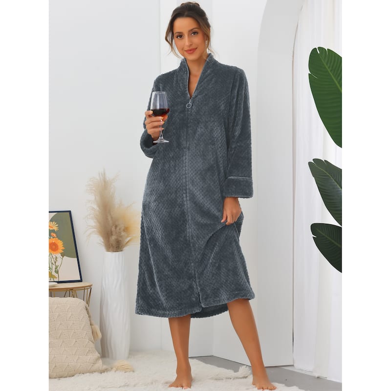 Womens Flannel Warm Cozy Fluffy Long Bathrobe Loungewear Housecoats Zipper Robes - Gray - M