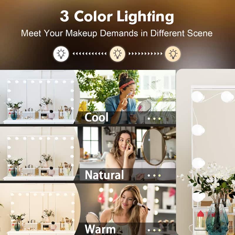 Makeup Vanity Desk with Lights and Mirror, White Vanity Table with 9 Drawers, Hollywood Lighted Vanity Desk Dressing Table