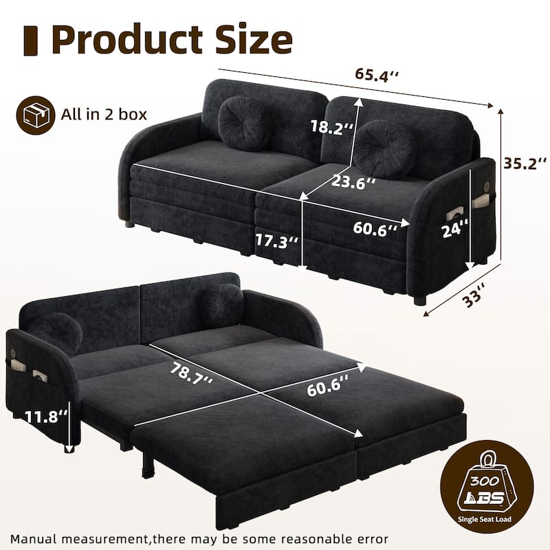 Homy Casa 3-in-1 Convertible Sleeper Sofa Bed, Pull-Out Couch w/ USB, Side Pocket & 4 Pillows, Chenille, 2/3/4-Seat
