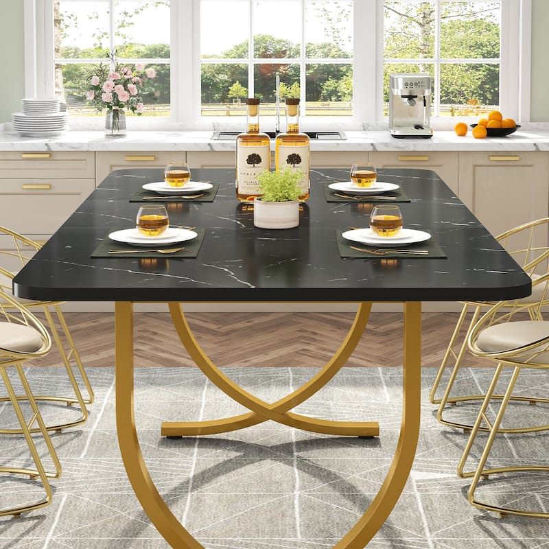 Rectangular Dining Table for 4 to 6, 63 Inch Modern Kitchen Table with Faux Marble Table Top and Metal Legs