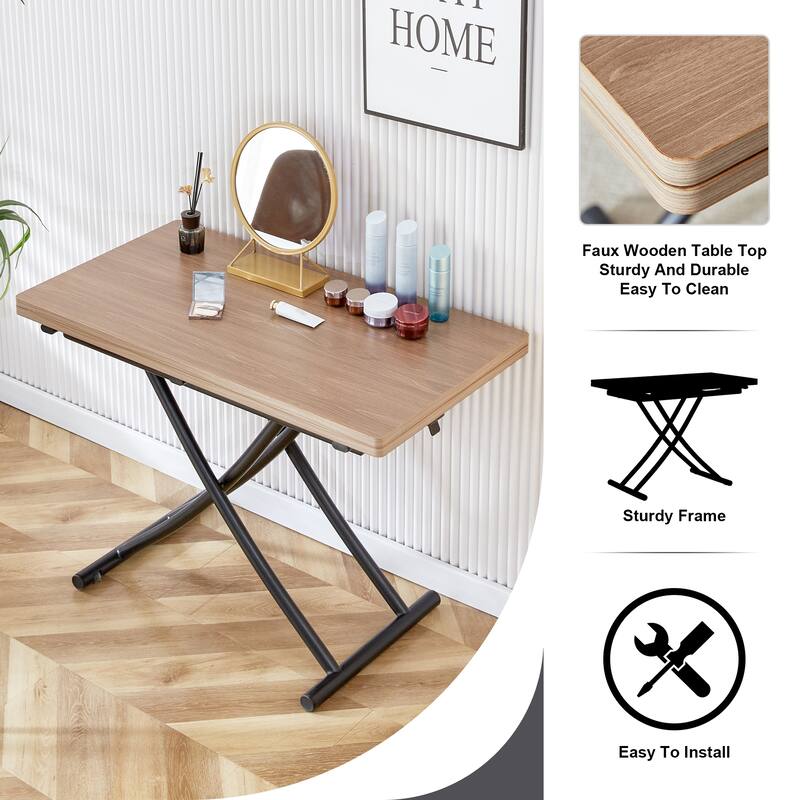5-Piece Folding Dining Table Set, Modern Lift Top Wood Table with Metal Frame & 4 Linen Chairs for Kitchen, Living Room