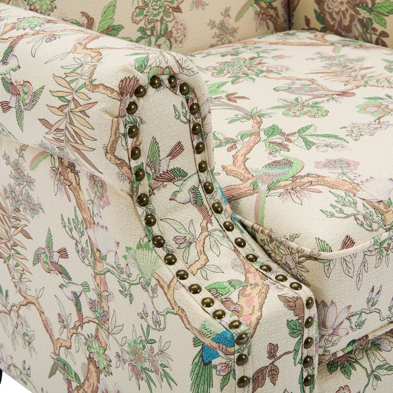 Traditional Floral Patterned Wingback Armchair with Nailhead Trim