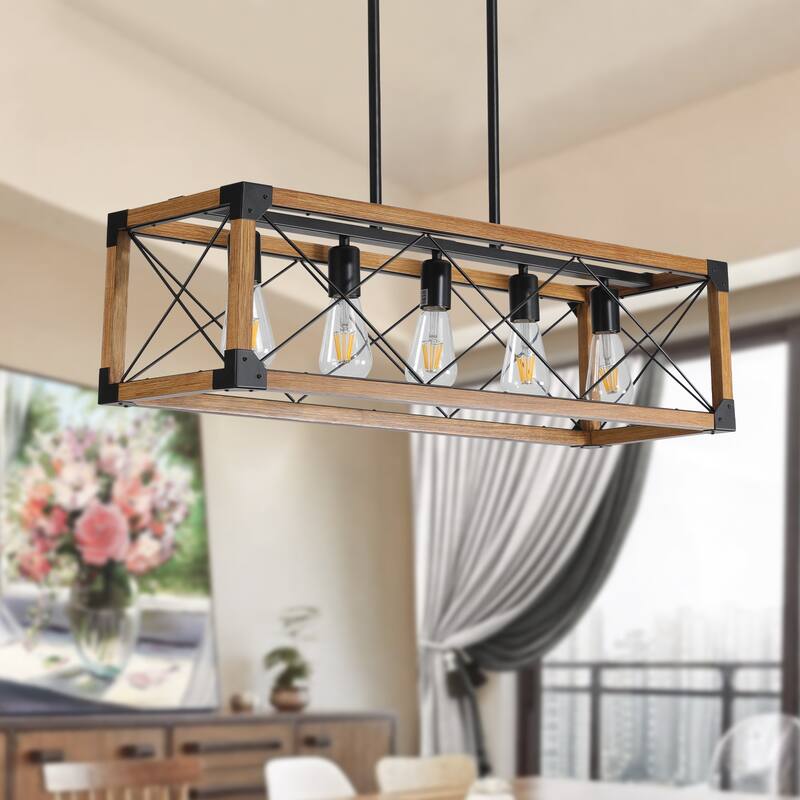 Farmhouse Vintage Crystal Chandelier, Rustic 5-Light Pendant Light, Industrial Hanging Light Fixture for Dining Room Kitchen
