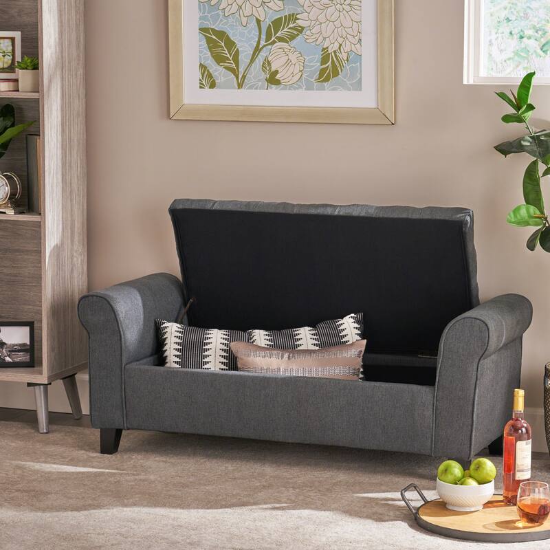 Leisure Bench Gray Indoor Bench with Armrests, Upholstered End of Bed Bench with Safety Hinges for Bedroom Mudroom