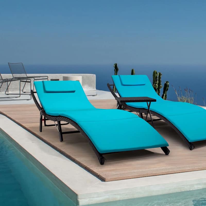 Homall Patio Chaise Lounge Sets Outdoor Rattan Adjustable Back 3 Pieces Cushioned Patio Folding Chaise Lounge with Folding Table - Blue