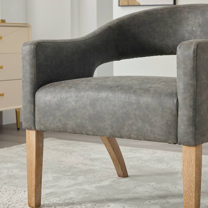 PU Leather Barrel Accent Chair, Ergonomic Lounge Reading Chair, Upholstered Armchair with Hollow Back & Solid Wood Legs