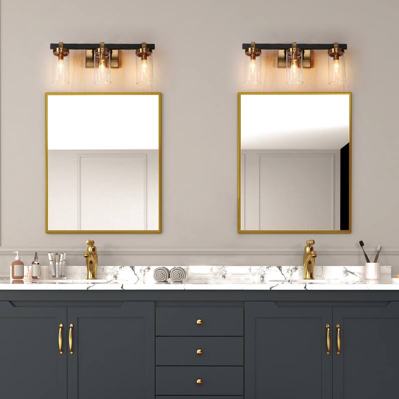 3-Light Black Gold Modern Bathroom Vanity Lights with Cylinder Glass - 20" L x 5" W x 8.5" H ...