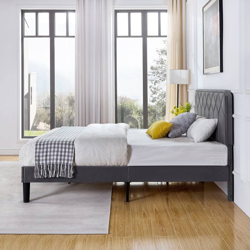 VECELO Adjustable Height Velvet Headboard Grey Bed Frame with Diamond Tufted Twin/Full/Queen Sizes Frame with Center Support Leg