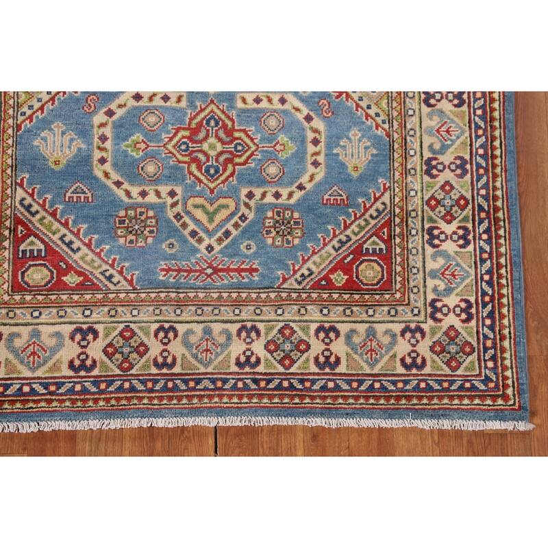 Blue Geometric Kazak Oriental Rug Bedroom Hand-Knotted Wool Carpet - 4'0"x 5'10"