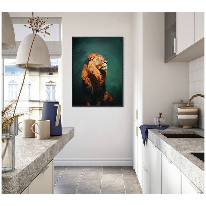 Kate and Laurel Twilight Turquoise Jade Lion by The Creative Bunch Studio Framed Canvas Wall Art Print
