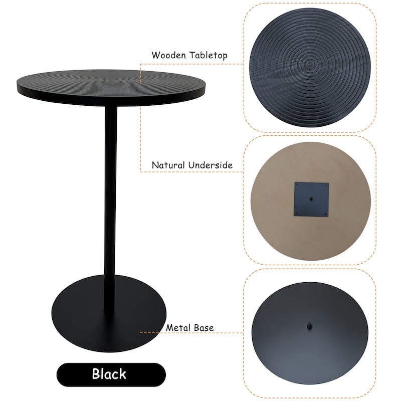 Set of 2 Small Round Side Table Wooden Concentric Circles Coffee Table for Two Metal Pedestal Nightstand for Corner Small Space