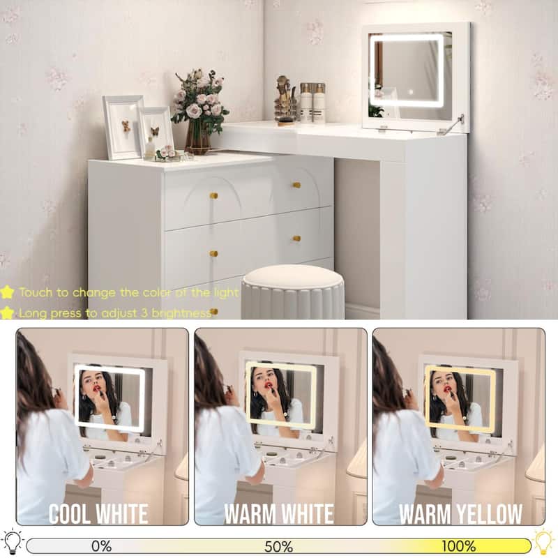 KISRAIS Vanity Desk with Mirror, Lights, and Flip-Top Tabletop