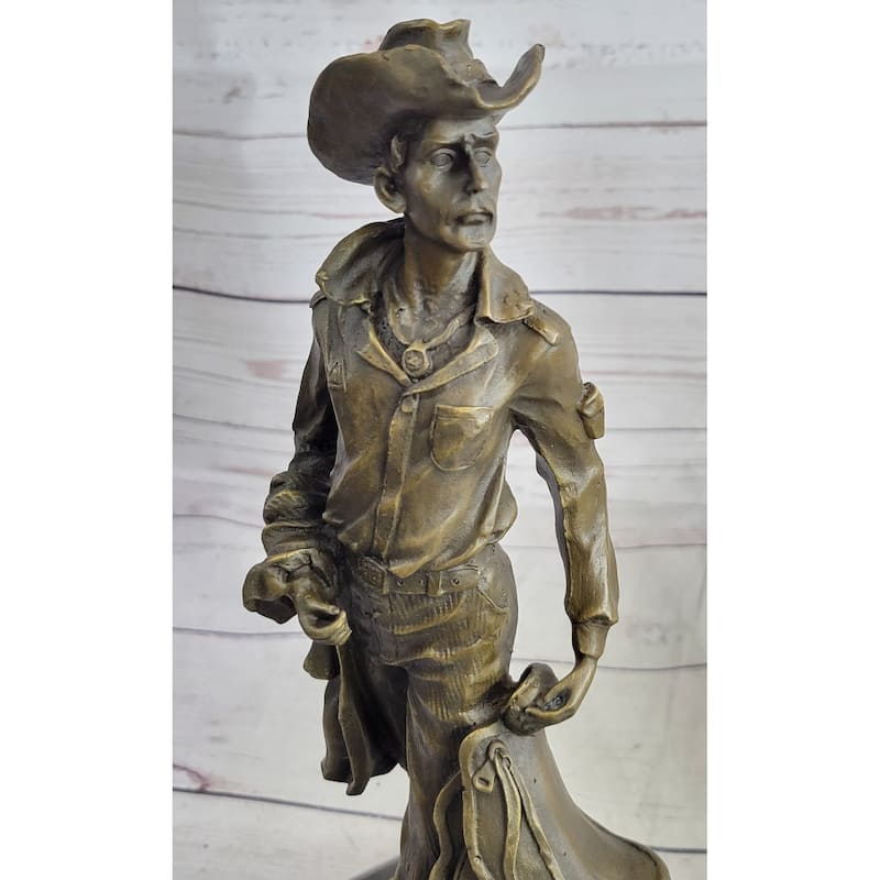 Cowboy Holding Imitative Horse Saddle Bronze Statue Sculpture Figure Western 13 Inches X 6 Inches
