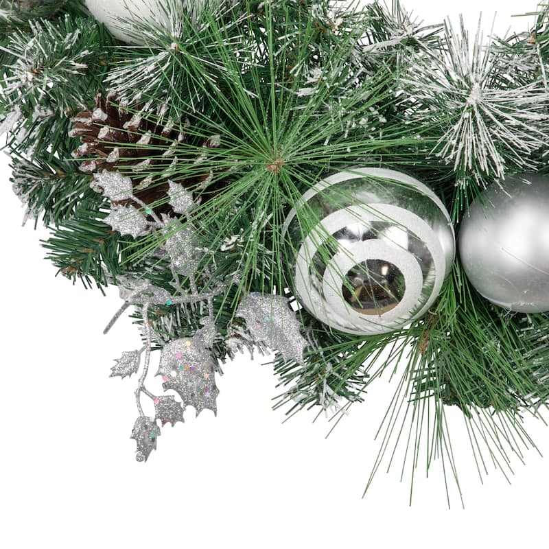 Green Pine Needle Wreath with Pinecones and Christmas Ornaments 24-Inch Unlit - 24"