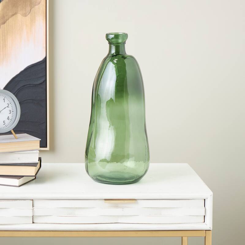 Green Recycled Glass Handmade Tall Curved Ombre Spanish Bottle Abstract Vase - Green - 9" x 9" x 20"