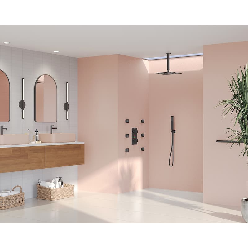 GRANDJOY Thermostatic Shower System Rainfall 12" Ceiling Mount Shower Faucet Digital Display Body Jets Handheld Shower Head