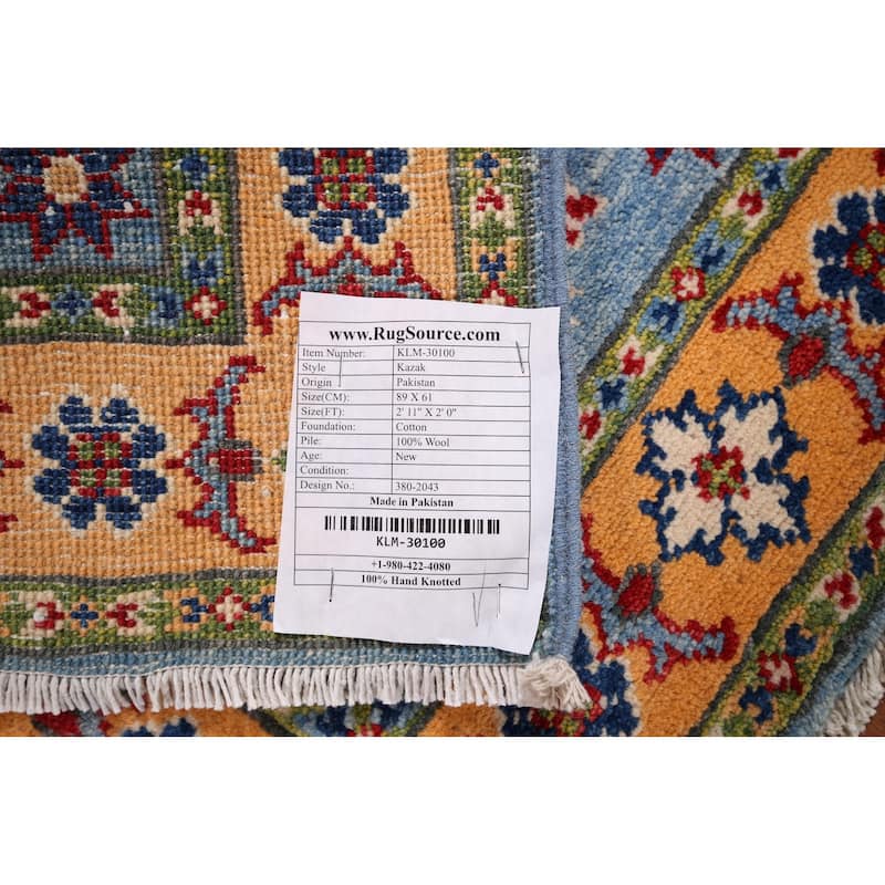 Blue Geometric Kazak Accent Rug Handmade Traditional Wool Carpet - 2'0" x 2'11"
