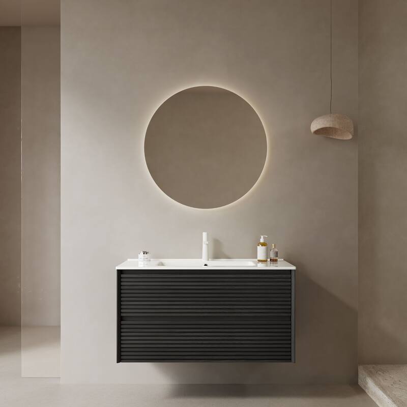 29" Bathroom Vanity with Premium Glossy White Ceramic Sink, Corolla Oak Grain Cabinet, Large Storage Drawers - 36 in ,Dark Oak,White ,Ceramic - Dark Oak,White