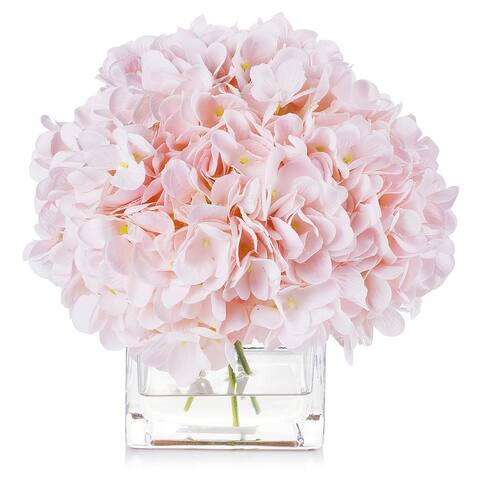 Enova Home Artificial Silk Hydrangea Fake Flowers Arrangement in Cube Glass Vase with Faux Water for Home Office Decoration