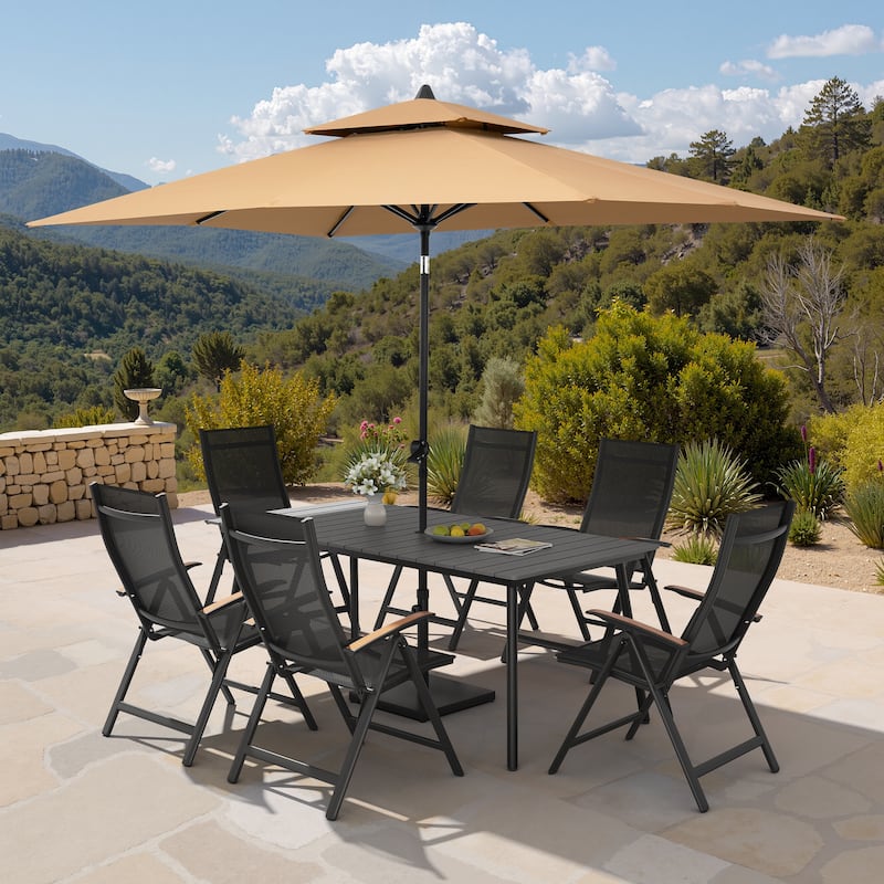 9PC Outdoor Patio Dining Set Aluminum Table with Folding Armchairs w/ Market Umbrella Sets - GreyTable&BlackChairs&TanUmbrella