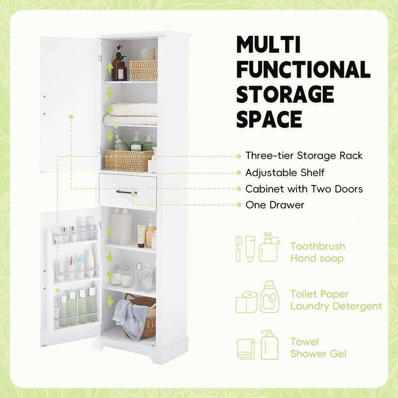 Tall Freestanding Storage Cabinet Bathroom Floor Cabinet with Door Shelves, Adjustable Shelves, Drawer and Anti-toppling Design