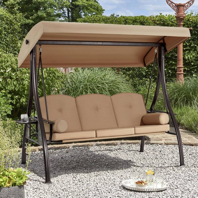 Outdoor 3-Seat Porch Swing with Adjustable Canopy & Cup Holder,Porch Swing Glider Chair, Heavy-Duty Steel Frame