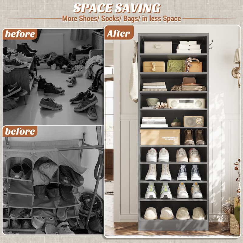 Freestanding 10-Tier Shoe Storage Cabinet,Narrow Wood Shoe Rack Shoe Organizer,Sturdy Closet Organizer Open Display Cabinet