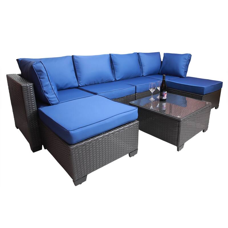 Black+Dark Blue 7-piece Outdoor Garden Patio Sofa Sets with Coffee Table, Rust-Resistant Metal Frame