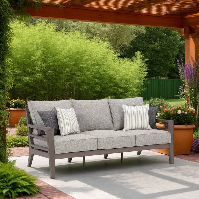 Karo Outdoor Sofa, 4 Accent Pillows, 79 Inch Brown Frame, Gray Nuvella