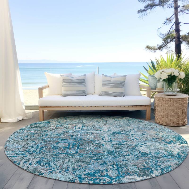 Machine Washable Indoor/ Outdoor Chantille Diamonds Distressed Rug - Teal - 8' x 8'