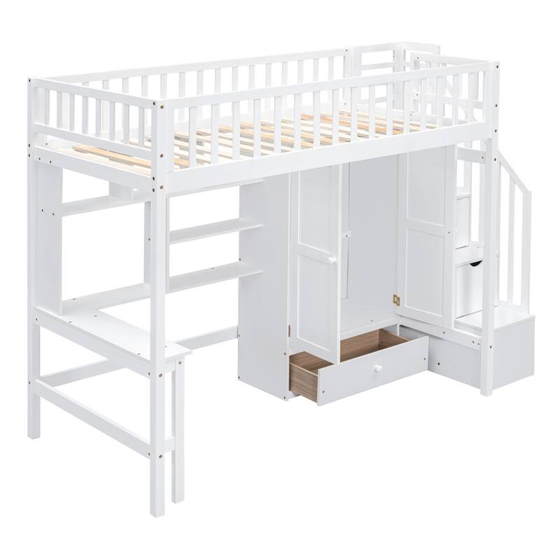 White Twin Loft Bed with Bookshelf, Drawers, Desk & Wardrobe - Space-Saving Study & Storage Solution