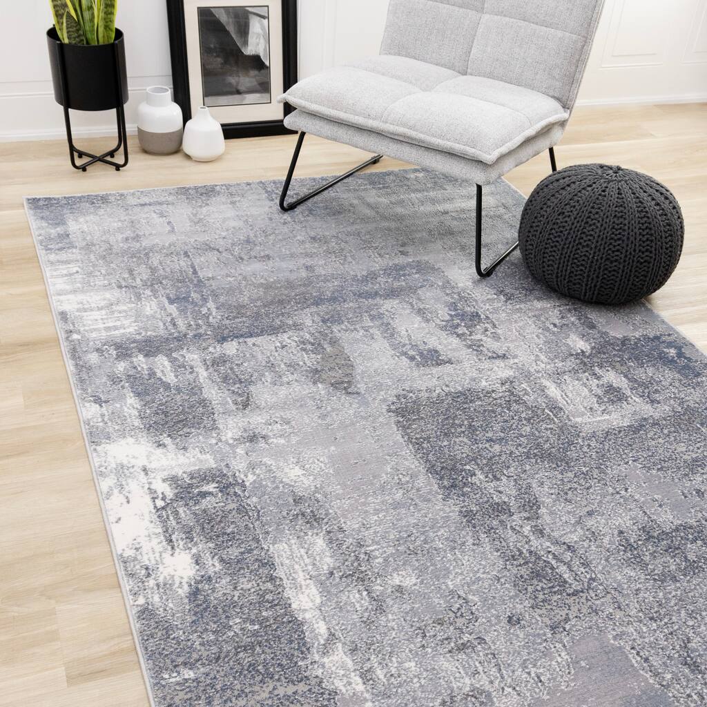 Emmett Collection - Sleek Soft Low-Pile Grey White Distressed Area Rug