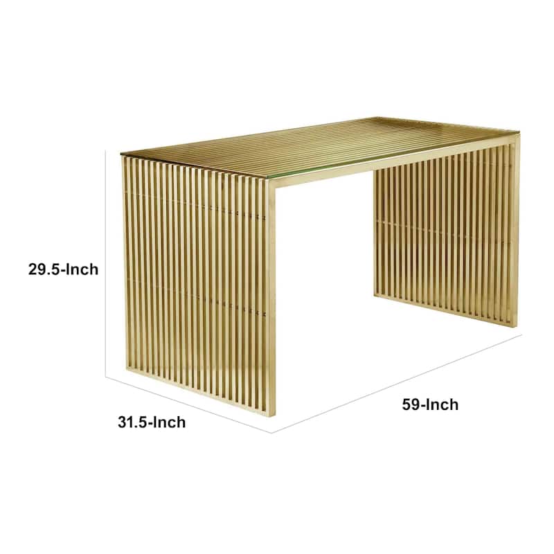 Meza 59 Inch Office Desk, Tempered Glass, Waterfall Design, Gold Steel