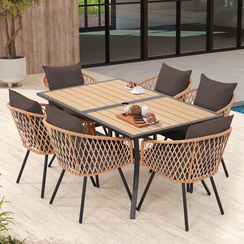 EROMMY 7 Piece Outdoor Dining Set with Umbrella Hole, Patio Table and 6 Rattan Chairs with Cushions, Weather-Resistant Furniture