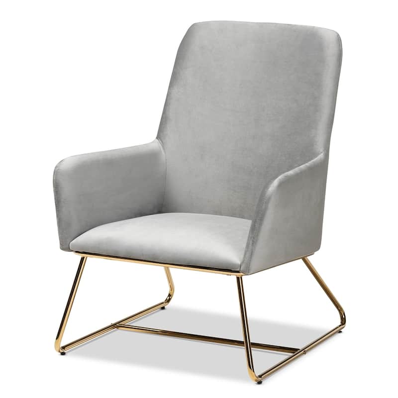 Sennet Glam and Luxe Grey Velvet Fabric Upholstered Gold Finished Armchair - 34.25"H x 26.38"W x 29.53"D