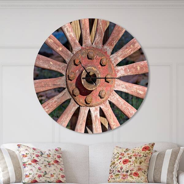 slide 2 of 10, Designart 'Red Metal Country Wagon Wheel' Oversized Farmhouse Wall CLock