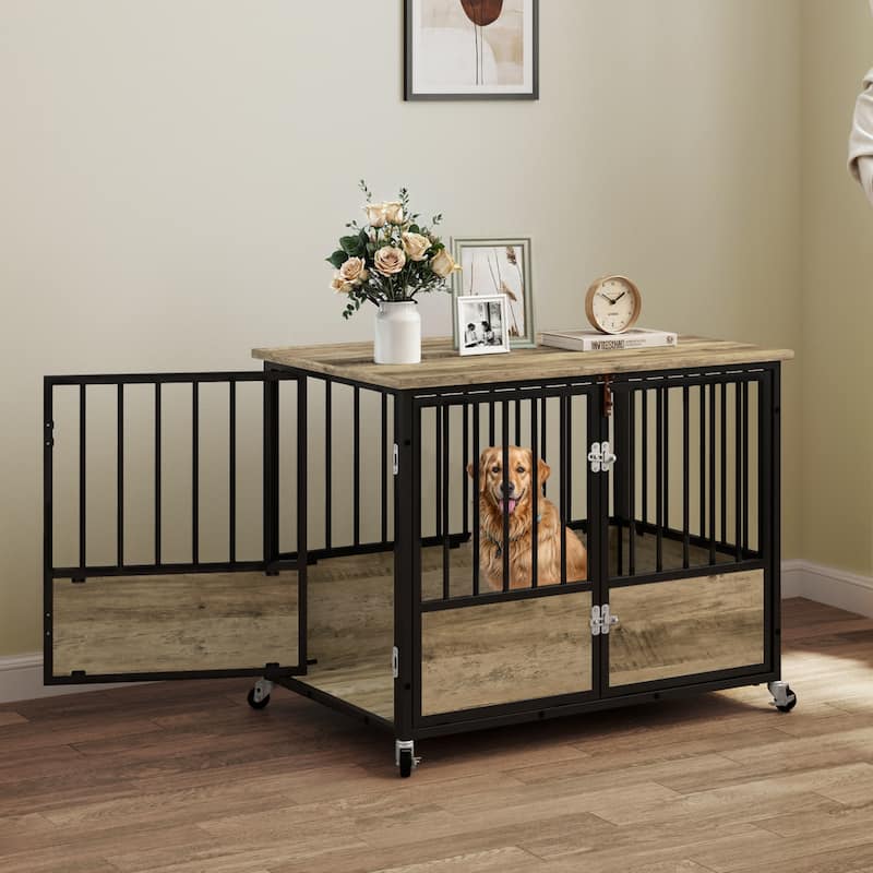 38"/43" Dog Crate Furniture Cage Table with Wheels And Double Doors
