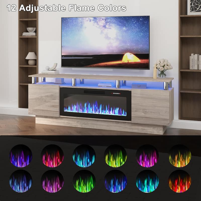 BOSSIN 70" Modern Electric Fireplace TV Stand, with Electronic Flame and LED Lights, High Gloss Finish Entertainment Center