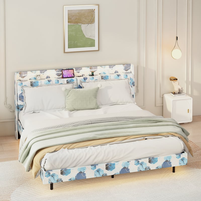 King/Queen Floating Bed Frame with LED Light, USB Charging, and Hidden Storage, Upholstered Platform Bed with Headboard - Blue-Queen - Queen