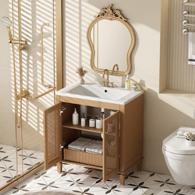 30'' Bathroom Vanity with Resin Sink, Freestangding Bathroom Vanity Cabinet with 2 Rattan Doors, 1 Drawer and Storage Shelf