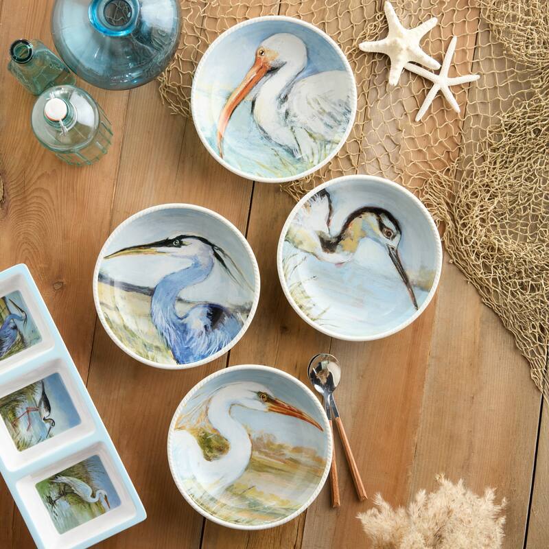 Certified International Coastal Birds 9" Soup/Cereal Bowls, Set of 4 Assorted Designs - 8.50"L x 8.50"W x 2.00"H