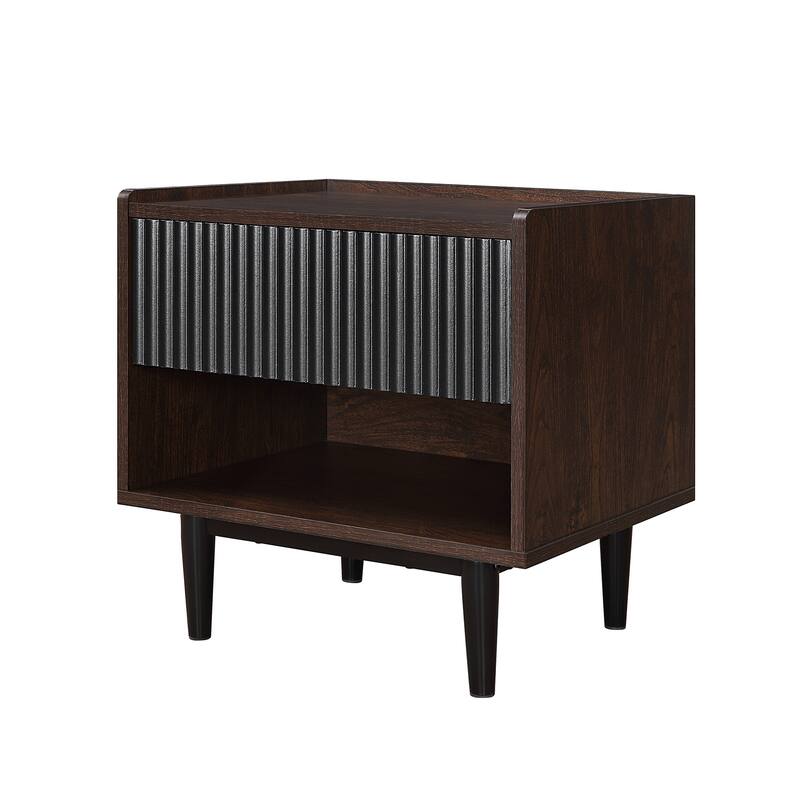 Modern Nightstand with Fluted Design Single Drawer and Open Shelf