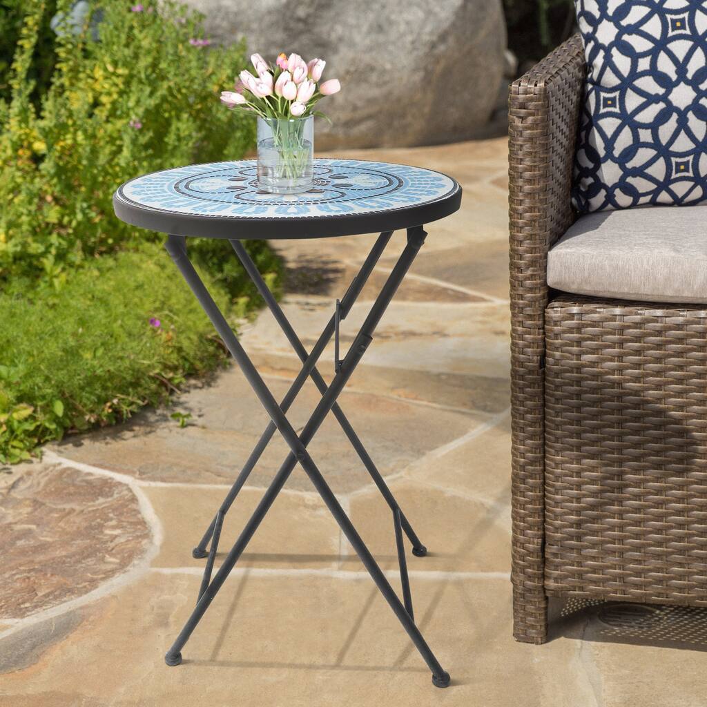 Saint Birch Lori Blue, Black and White Mosaic Folding Side Table