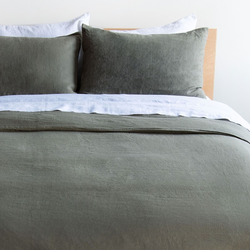 100% French Linen Duvet Cover & Sham Set by BOKSER HOME - Moss - King - 3 Piece
