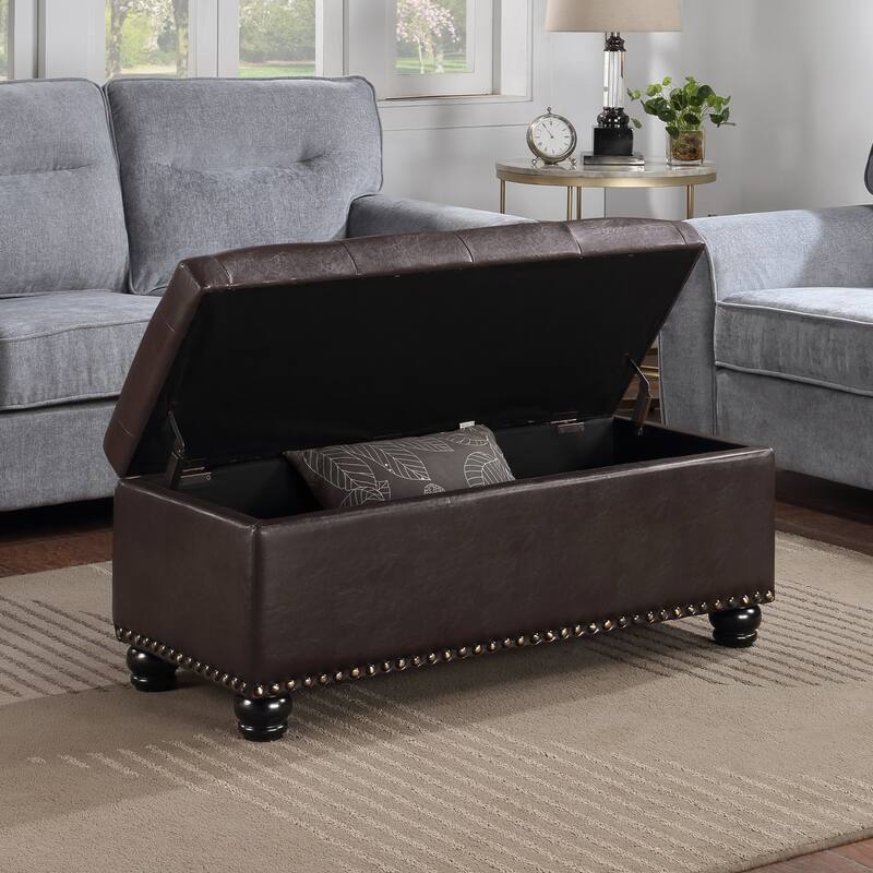 Upholstered Storage Ottoman Bench with Hidden Storage and Long Cushion Top for Hallways, Bedrooms or Living Rooms