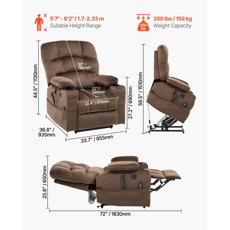 Flannelette Dual Motor Lift Chair, Massage, Heat & USB Ports